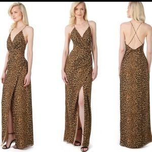 Jay Godfrey Santoro Leopard Animal Print High Slit Gown Dress Maxi Cross back